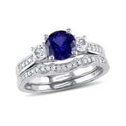 1 1/3 Carat (Ctw) Lab-Created Blue \u0026 White Sapphire with Diamond Bridal Wedding Set Engagement Ring 10K White Gold